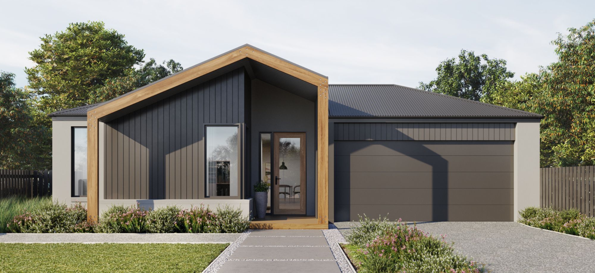 The Element facade is a modern design that features an asymmetrical gable roof.